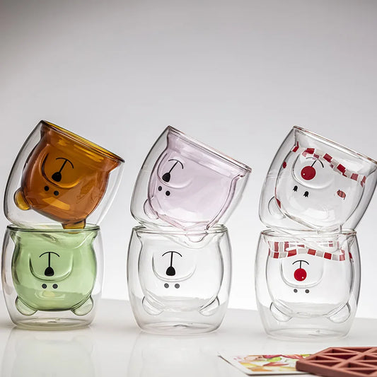 300ml Double Layer Bear Glass Mug - Perfect for Couples!